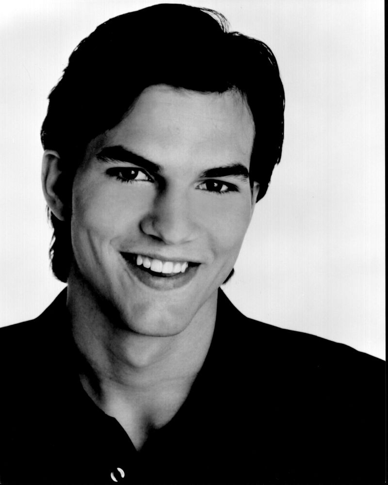 Ashton Kutcher smiling black and white photo print