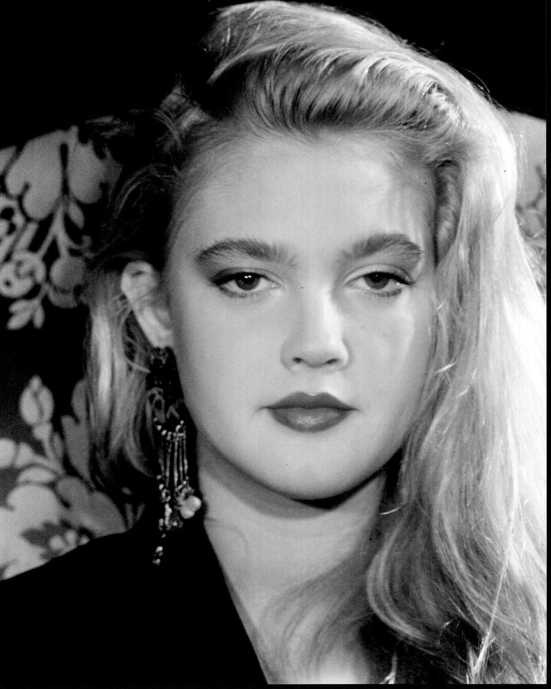 Drew Barrymore close-up black and white photo print featuring dangle earrings.