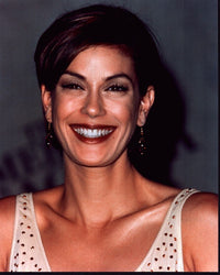 Teri Hatcher close-up photo print in tan and gold dress