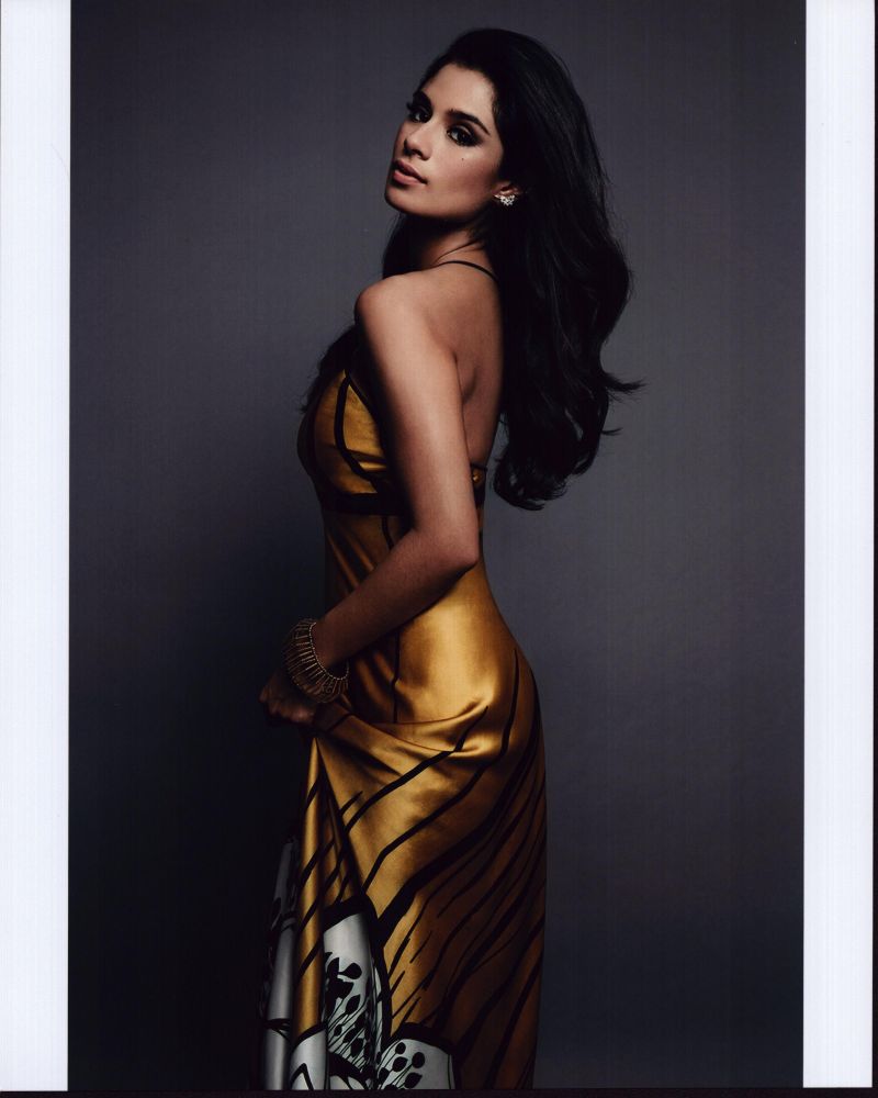 Diane Guerrero photo print looking over shoulder in gold dress.