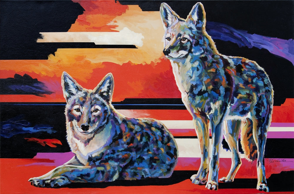 Two Coyotes Poster Print by Bob Coonts showing two coyotes in a natural setting.