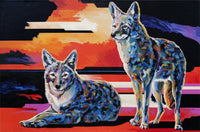 Two Coyotes Poster Print by Bob Coonts showing two coyotes in a natural setting.