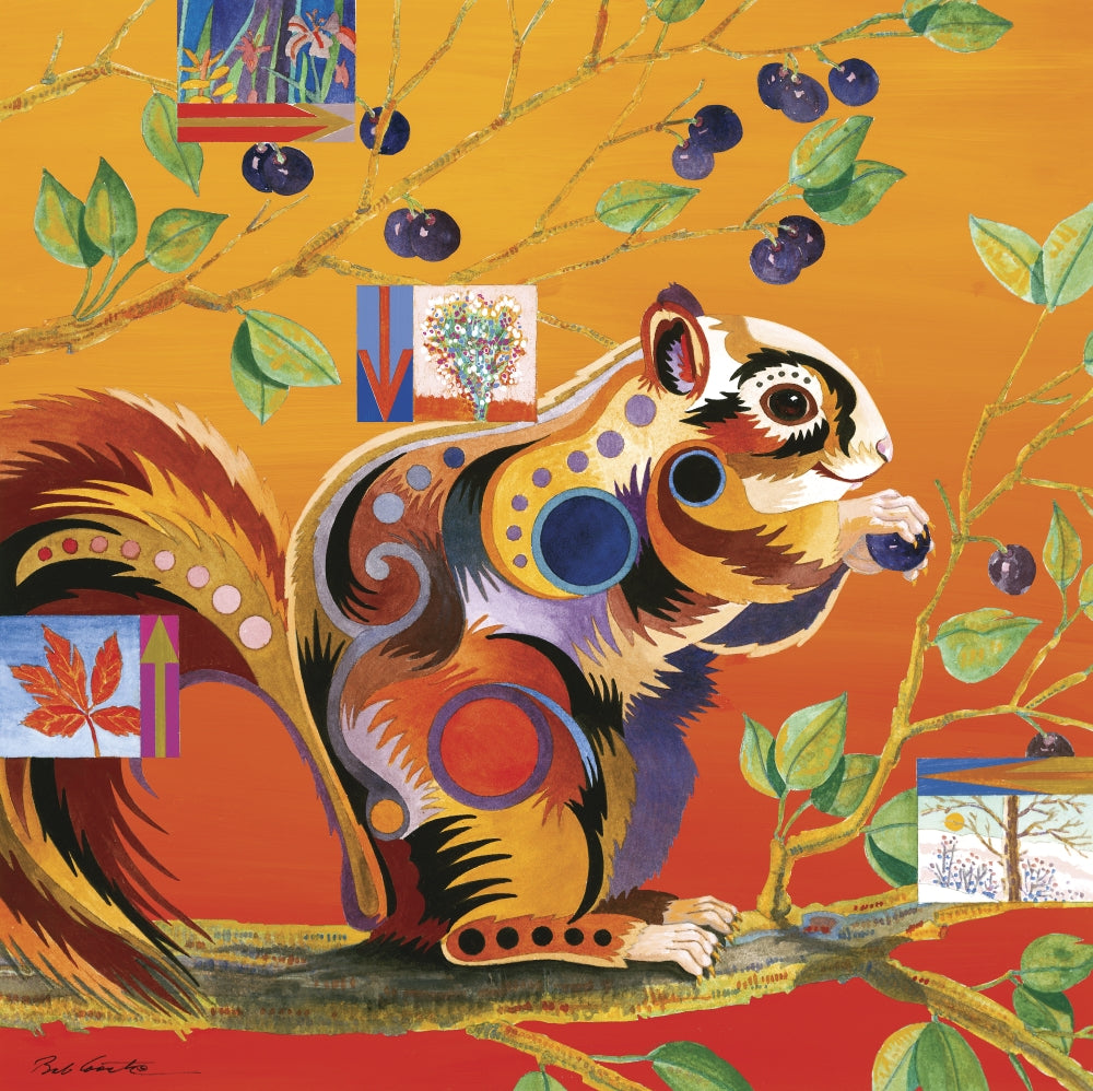Squirreling Away poster print by Bob Coonts featuring playful squirrels in a vibrant setting.