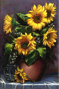 Vibrant Sunflowers Poster Print showcasing bright yellow petals and green leaves.