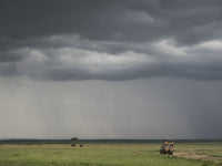 Storm clouds over a tourist vehicle in Maasai Mara National Reserve poster print