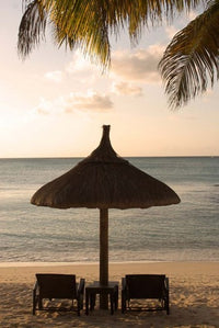 Mauritius beach scene poster print featuring umbrella, chairs, and palm fronds by Peter Skinner