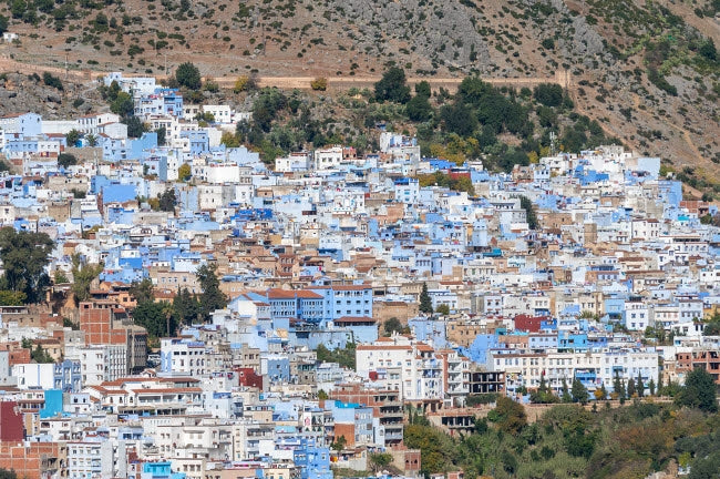 Chefchaouen Morocco Overview Poster Print showcasing blue-washed buildings and vibrant streets.