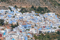 Chefchaouen Morocco Overview Poster Print showcasing blue-washed buildings and vibrant streets.