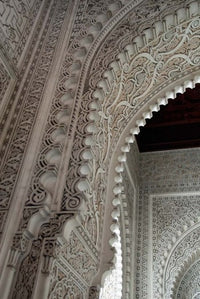 Poster print of wall tiles and carvings on Islamic law courts in Morocco by Cindy Miller Hopkins.