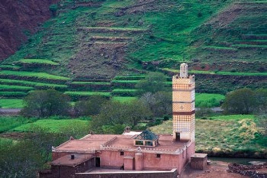 Geometric Tilework on Mosque Minaret Poster Print showcasing intricate Moroccan tile patterns.