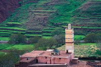 Geometric Tilework on Mosque Minaret Poster Print showcasing intricate Moroccan tile patterns.