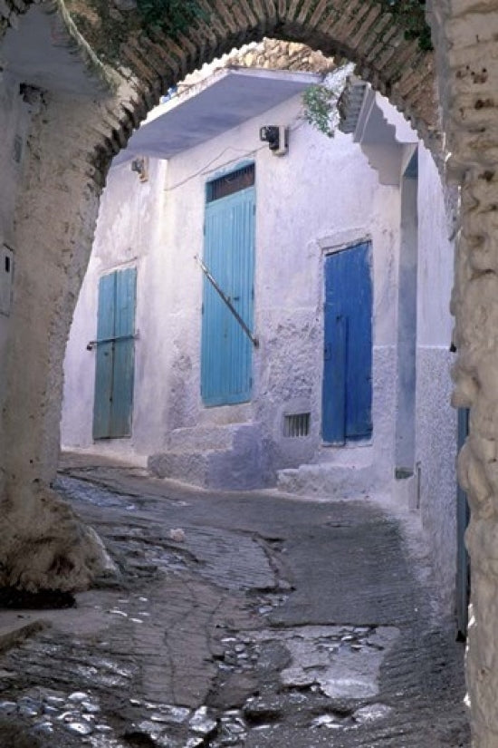 Art print of blue doors against a whitewashed wall in Morocco by John & Lisa Merrill.