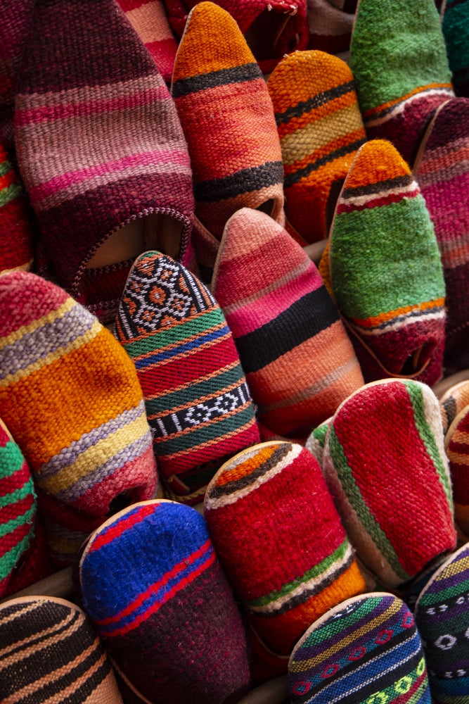 Woven Moroccan Slippers Poster Print showcasing vibrant designs from Marrakech, Morocco.