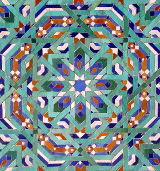 Hassan II Mosque Mosaic Poster Print by Kymri Wilt showcasing intricate details and vibrant colors.