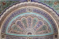 Painted stucco detail at El Bahia Palace in Marrakech, Morocco - Poster Print