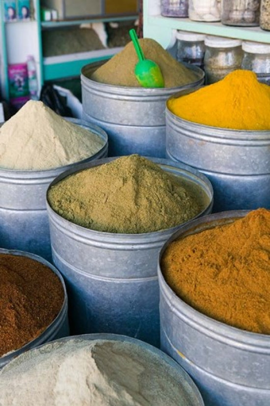 Spices of the Souqs of Marrakech Poster Print by Walter Bibikow, showcasing vibrant spices and Moroccan culture.