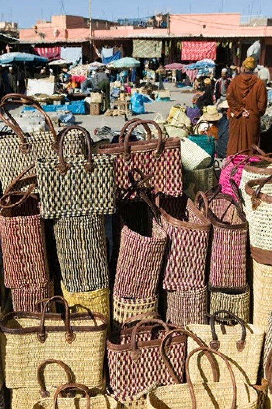 The Souqs of Marrakech poster print by Walter Bibikow showcasing vibrant Moroccan markets.