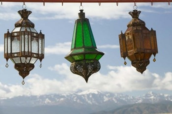 View of the High Atlas Mountains and Lanterns for Sale, Ourika Valley, Marrakech Poster Print by Walter Bibikow
