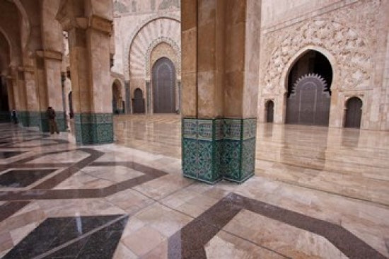 Al-Hassan II Mosque Poster Print by William Sutton showcasing Moroccan architecture.