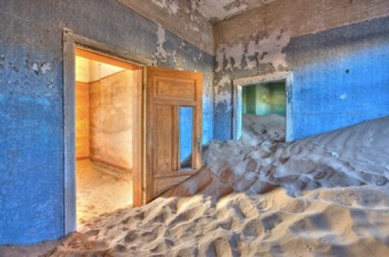 Kolmanskuppe ghost town poster print capturing the essence of Namibia's eerie landscape.