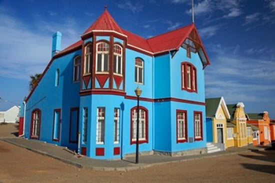 Colorful German colonial architecture poster print featuring Luderitz, Namibia by David Wall.