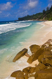 Tropical Beach poster print featuring La Digue Island, Seychelles by Alison Wright.