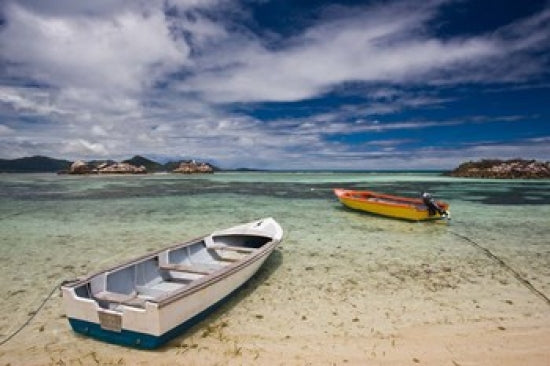 Seychelles La Digue Island fishing boats poster print by Walter Bibikow.