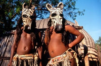 Zulu Zebra Masked Dancers Art Print showcasing vibrant South African culture.