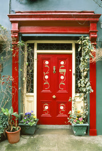 Red Door with Painted Daisies Poster Print by Tom Haseltine
