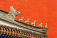 Rooftop figures and colorful wall art print of Forbidden City, Beijing, China.
