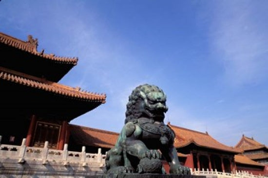 Bronze Lion Statue at Forbidden City Poster Print by Bill Bachmann