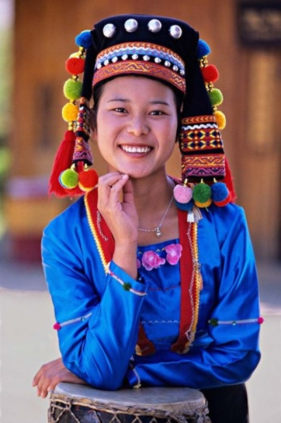 Young De'ang woman portrait with drum in Yunnan, China - Poster Print by Charles Crust