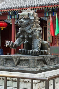 Fragrant Hill Bronze Lion Sculpture Poster Print showcasing a majestic lion in Beijing's serene Fragrant Hills.