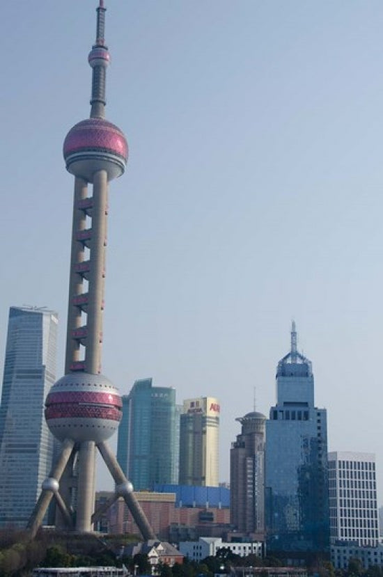 Pudong area skyline poster print by Cindy Miller Hopkins showcasing modern architecture in Shanghai.