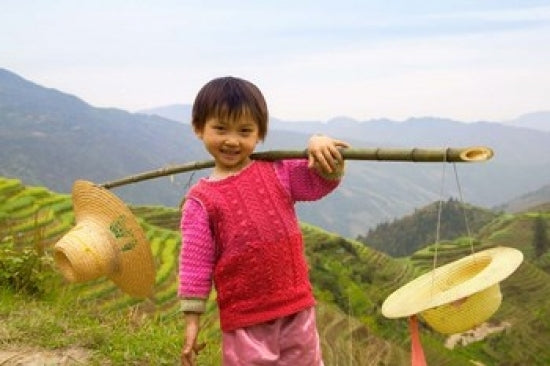 Young Girl Carrying Shoulder Pole with Straw Hats Poster Print