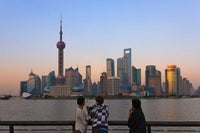 Pudong skyline poster print featuring Oriental Pearl TV Tower in Shanghai, China.