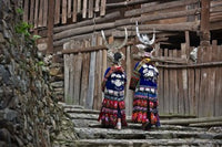 Langde Miao girls in traditional costume poster print by Keren Su, showcasing cultural heritage.