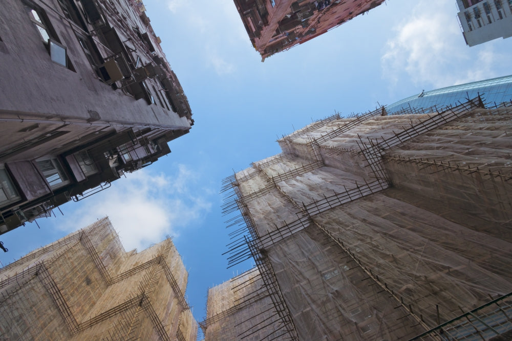Scaffolding around residential buildings in Quarry Bay, Hong Kong poster print