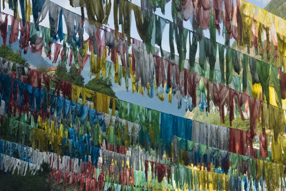 Prayer Flags in the Valley fine art print by Keren Su, Tibetan landscape art.