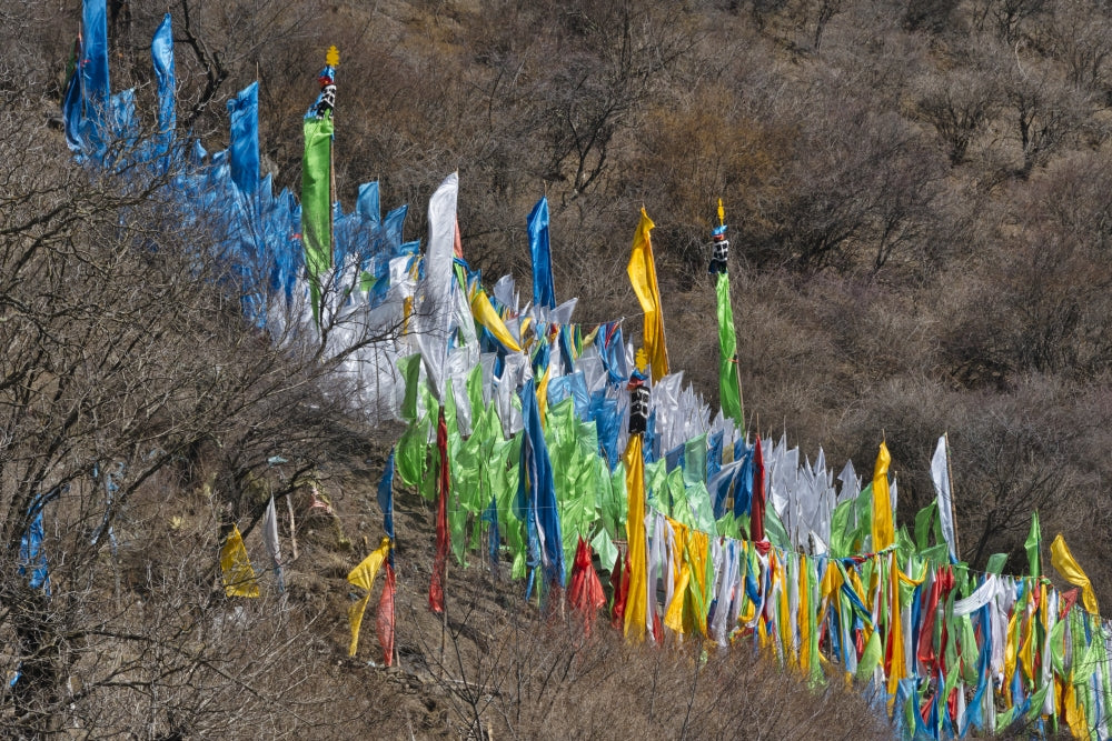 Tibetan prayer flags on a mountain slope in Jinchuan, Sichuan Province, China.