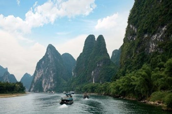 Guilin Li River boats poster print featuring traditional boats and lush landscape