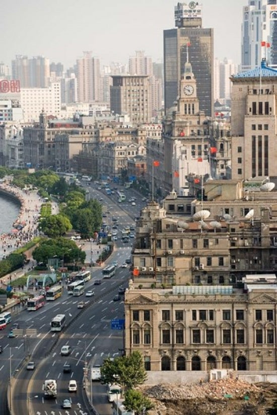 View of the Bund District Along Huangpu River Shanghai poster print showcasing vibrant cityscape.