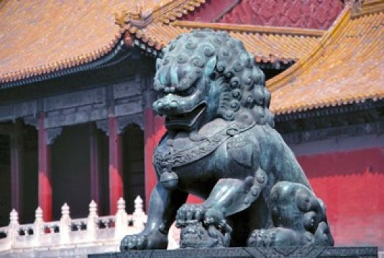 Lion statue guarding the Forbidden City in Beijing poster print.