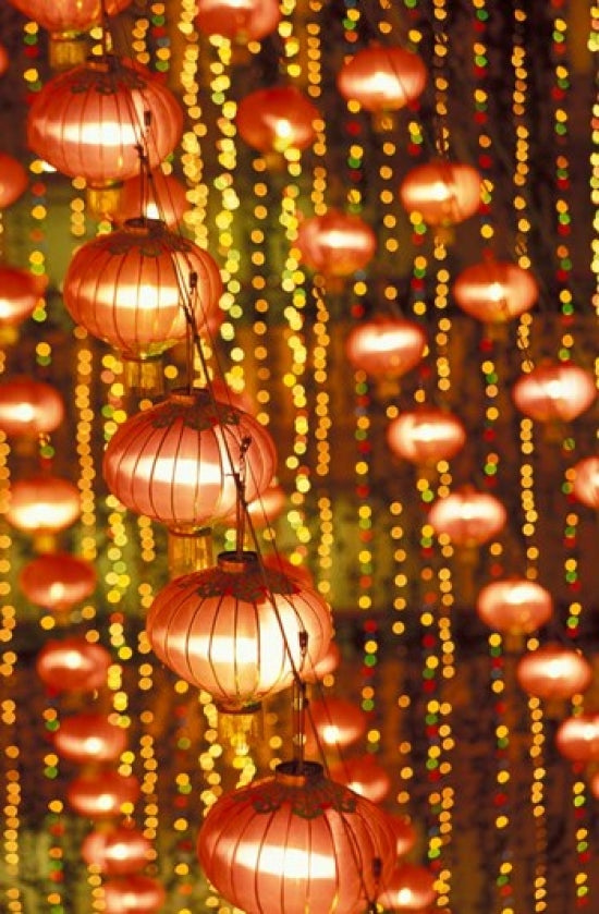 Beijing Hotel Lobby with Red Chinese Lanterns Poster Print by Walter Bibikow