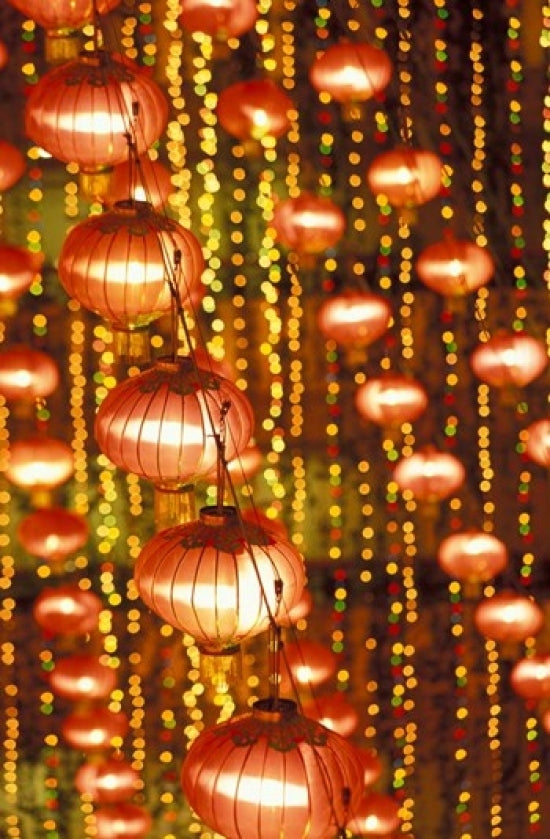 Beijing Hotel Lobby adorned with Red Chinese Lanterns Poster Print by Walter Bibikow