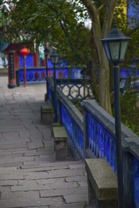 Blue Temple Walkway poster print showcasing serene architecture in Fengdu, Chongqing Province, China.