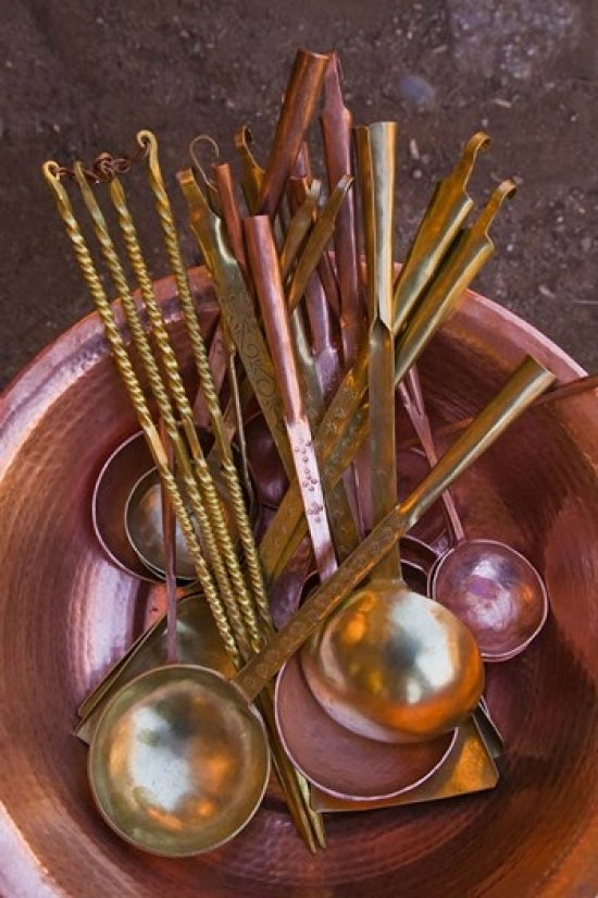 Metal spoons from Lijiang Market Poster Print by Walter Bibikow