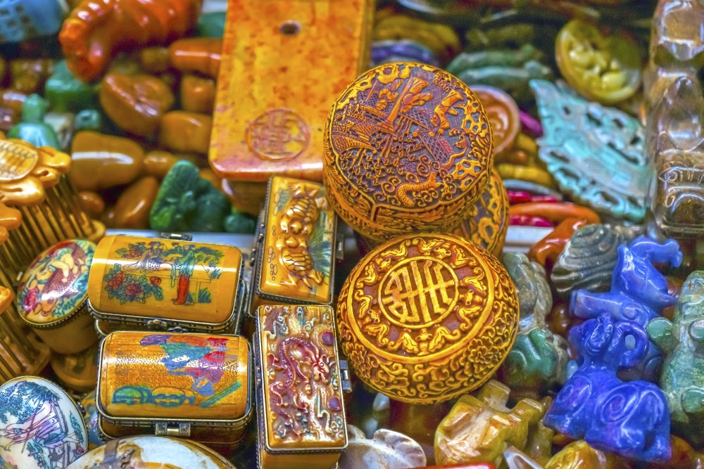 Vibrant Chinese ceramic souvenirs poster print featuring snuff boxes from Panjuan Flea Market in Beijing.