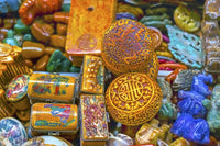 Vibrant Chinese ceramic souvenirs poster print featuring snuff boxes from Panjuan Flea Market in Beijing.