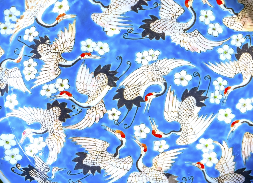 Old Chinese Design Blue, White and Red Cranes Ceramic Plate Poster Print